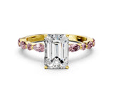 Yellow gold Emerald Cut Diamond Ring with Marquise and Round with Morganite side stone Side Stones and Four-Prong Setting_24