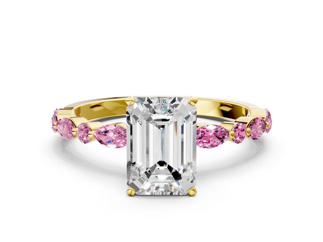 Yellow gold Emerald Cut Diamond Ring with Marquise and Round with Pink Sapphire side stone Side Stones and Four-Prong Setting_12