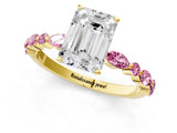 Yellow gold Emerald Cut Diamond Ring with Marquise and Round with Pink Sapphire side stone Side Stones and Four-Prong Setting_13