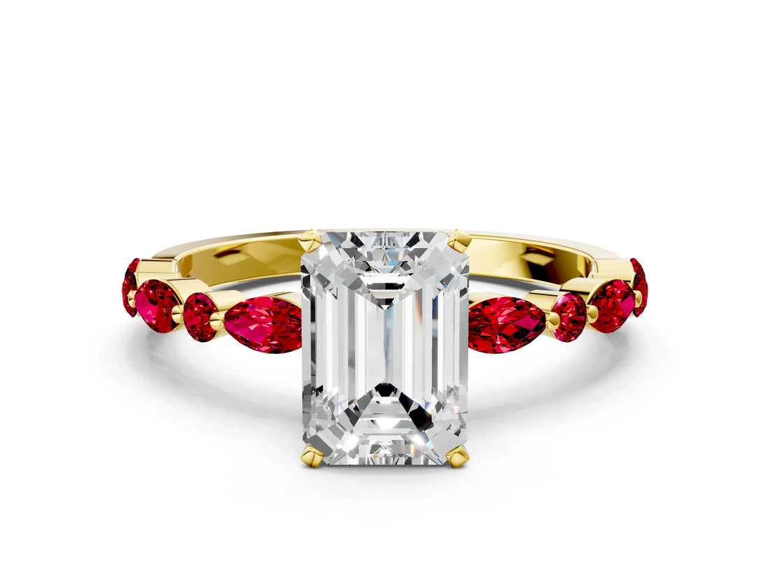 Yellow gold Emerald Cut Diamond Ring with Marquise and Round with Ruby side stone Side Stones and Four-Prong Setting_36