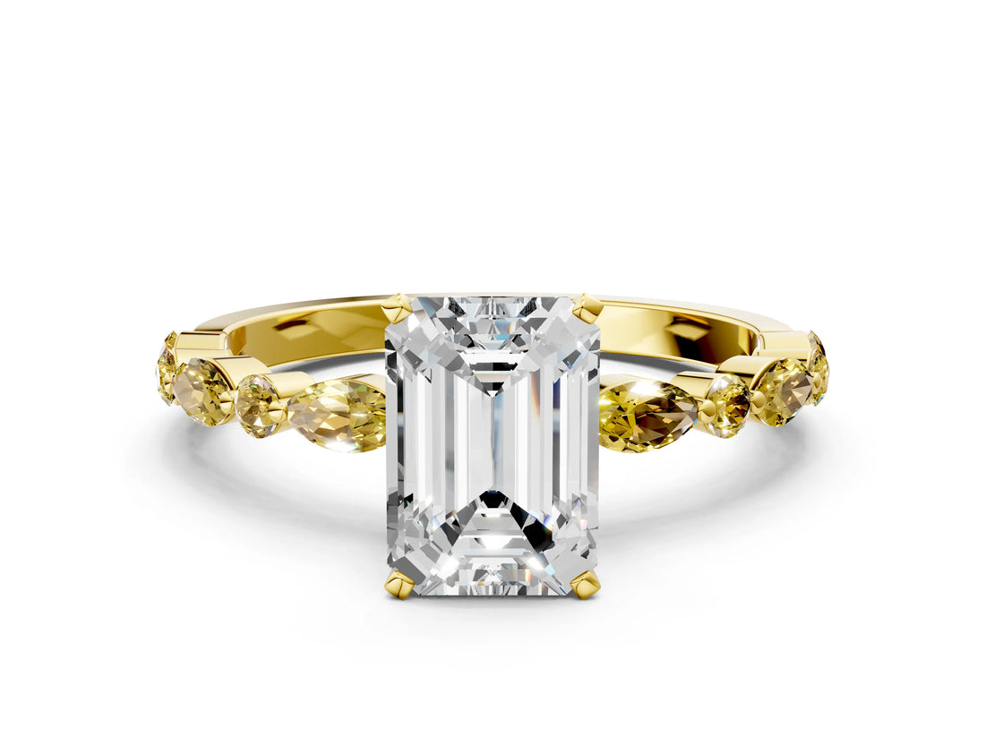 Yellow gold Emerald Cut Diamond Ring with Marquise and Round with Yellow Sapphire side stone Side Stones and Four-Prong Setting_24