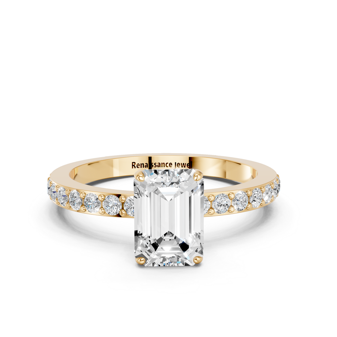 18K Yellow Gold 1.52 Carat D VVS2 Emerald Cut Diamond Ring with Pavé Band and Four-Prong Setting