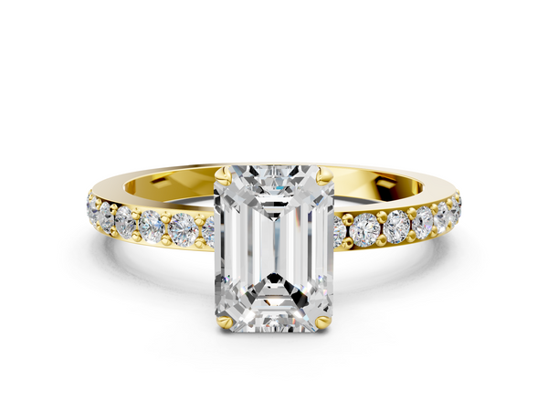 10K Yellow Gold 5.04 Carat F VS1 Emerald Diamond Ring with Pavé Band and Four-Prong Setting
