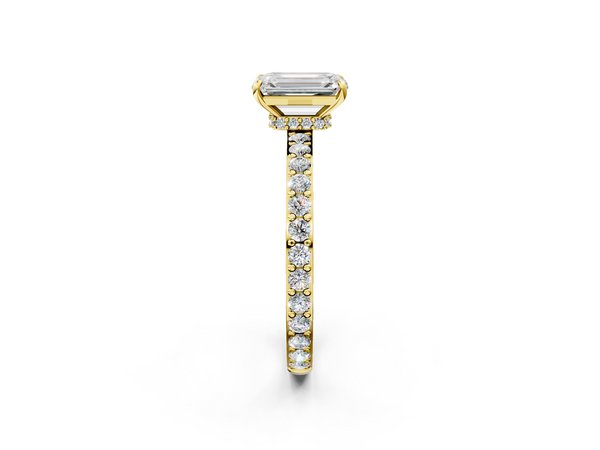 18K Yellow Gold 2.81 Carat F VVS2 Emerald Diamond Ring with Pavé Band and Four-Prong Setting