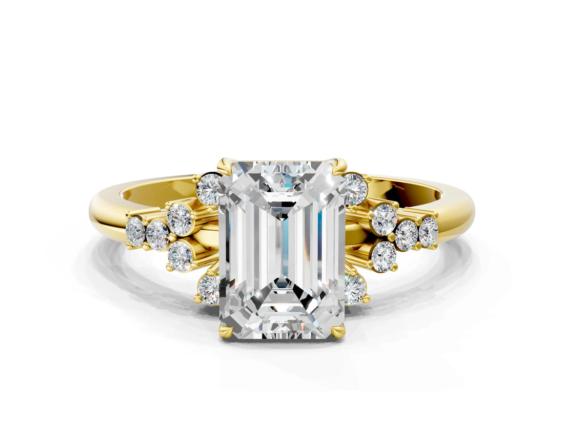 Yellow gold Emerald Cut Diamond Ring with Side Stones and Four-Prong Setting_132