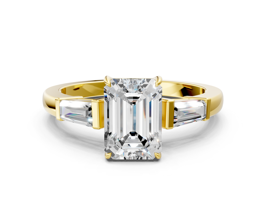 Yellow gold Emerald Cut Diamond Ring with Tapered Baguette Side Stones in Four-Prong Setting_27