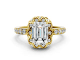 Yellow gold Emerald Cut Diamond Scalloped Halo Engagement Ring with Round Shared Prong Band_12