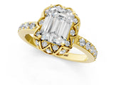 Yellow gold Emerald Cut Diamond Scalloped Halo Engagement Ring with Round Shared Prong Band_13