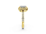 Yellow gold Emerald Cut Diamond Scalloped Halo Engagement Ring with Round Shared Prong Band_14