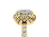 Yellow gold Emerald Cut Diamond Scalloped Halo Engagement Ring with Round Shared Prong Band_17