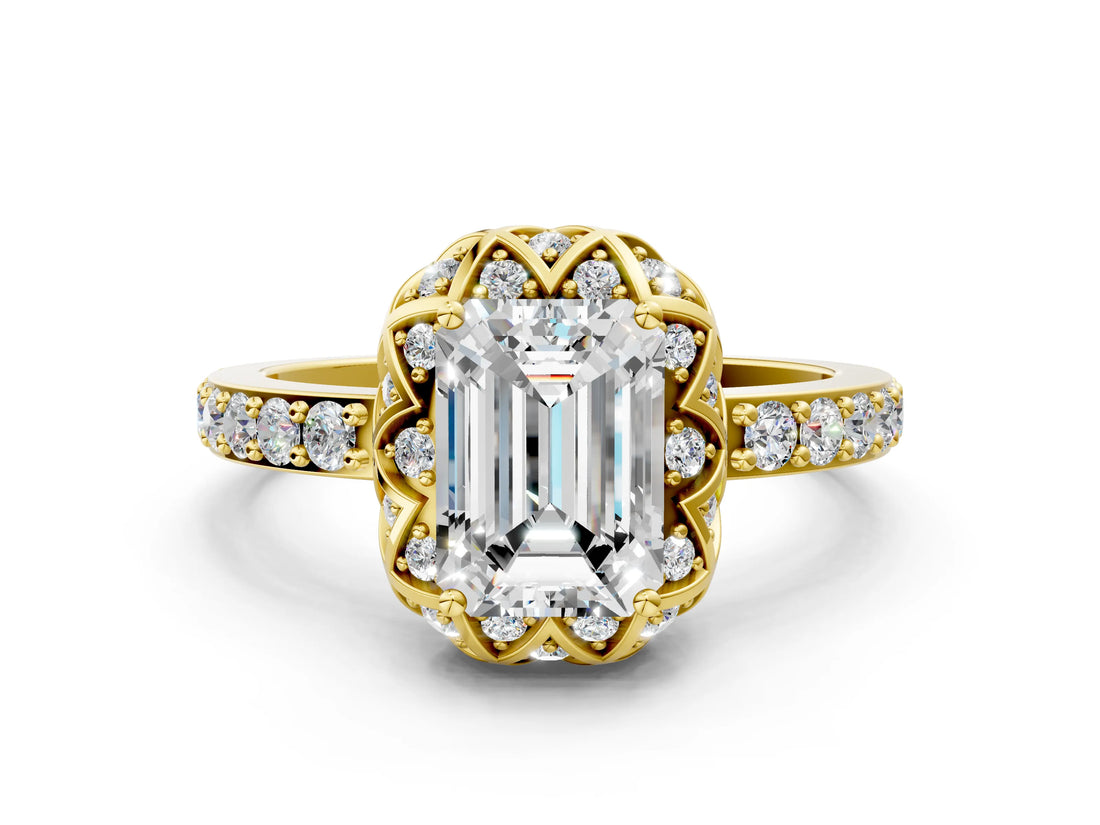 Yellow gold Emerald Cut Diamond Scalloped Halo Engagement Ring with Round Shared Prong Band_18