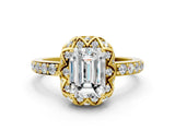 Yellow gold Emerald Cut Diamond Scalloped Halo Engagement Ring with Round Shared Prong Band_18