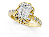 Yellow gold Emerald Cut Diamond Scalloped Halo Engagement Ring with Round Shared Prong Band_19