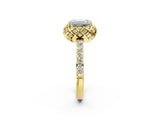 Yellow gold Emerald Cut Diamond Scalloped Halo Engagement Ring with Round Shared Prong Band_20