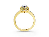 Yellow gold Emerald Cut Diamond Scalloped Halo Engagement Ring with Round Shared Prong Band_21