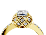 Yellow gold Emerald Cut Diamond Scalloped Halo Engagement Ring with Round Shared Prong Band_22
