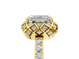 Yellow gold Emerald Cut Diamond Scalloped Halo Engagement Ring with Round Shared Prong Band_23