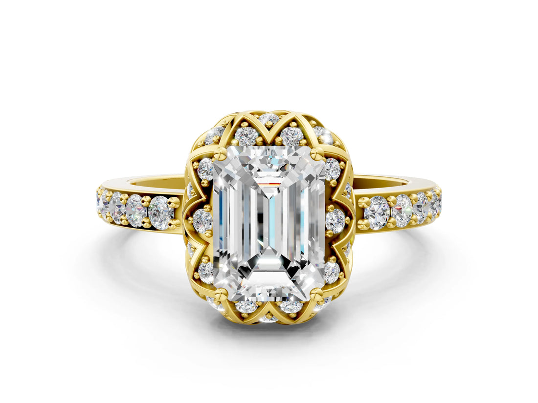 Yellow gold Emerald Cut Diamond Scalloped Halo Engagement Ring with Round Shared Prong Band_36