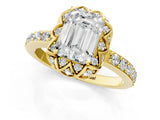 Yellow gold Emerald Cut Diamond Scalloped Halo Engagement Ring with Round Shared Prong Band_37