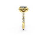 Yellow gold Emerald Cut Diamond Scalloped Halo Engagement Ring with Round Shared Prong Band_38