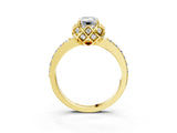 Yellow gold Emerald Cut Diamond Scalloped Halo Engagement Ring with Round Shared Prong Band_39