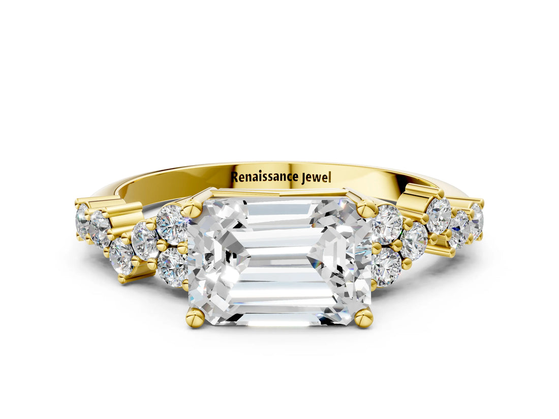 Yellow gold Emerald Cut Diamond Scattered Round Accent Ring with Prong Setting_12