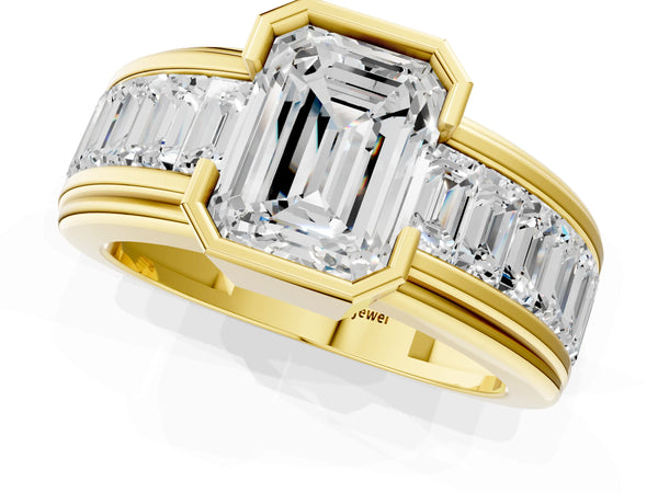 Yellow gold Emerald Cut Diamond Side Stone Engagement Ring