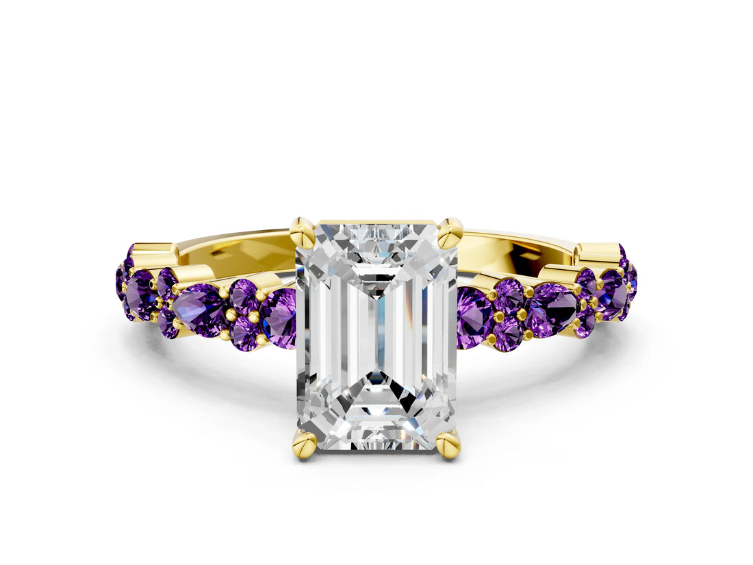 Yellow gold Emerald Cut Diamond Side Stone Solitaire Ring with Round with Amethyst side stone and Four-Prong Setting