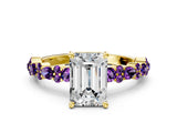 Yellow gold Emerald Cut Diamond Side Stone Solitaire Ring with Round with Amethyst side stone and Four-Prong Setting
