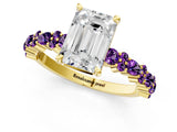 Yellow gold Emerald Cut Diamond Side Stone Solitaire Ring with Round with Amethyst side stone and Four-Prong Setting_1