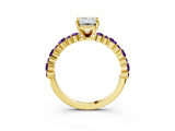 Yellow gold Emerald Cut Diamond Side Stone Solitaire Ring with Round with Amethyst side stone and Four-Prong Setting_3