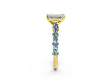 Yellow gold Emerald Cut Diamond Side Stone Solitaire Ring with Round with Aquamarine side stone and Four-Prong Setting_2