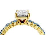 Yellow gold Emerald Cut Diamond Side Stone Solitaire Ring with Round with Aquamarine side stone and Four-Prong Setting_4