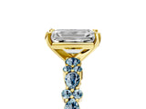 Yellow gold Emerald Cut Diamond Side Stone Solitaire Ring with Round with Aquamarine side stone and Four-Prong Setting_5