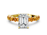 Yellow gold Emerald Cut Diamond Side Stone Solitaire Ring with Round with Citrine side stone and Four-Prong Setting