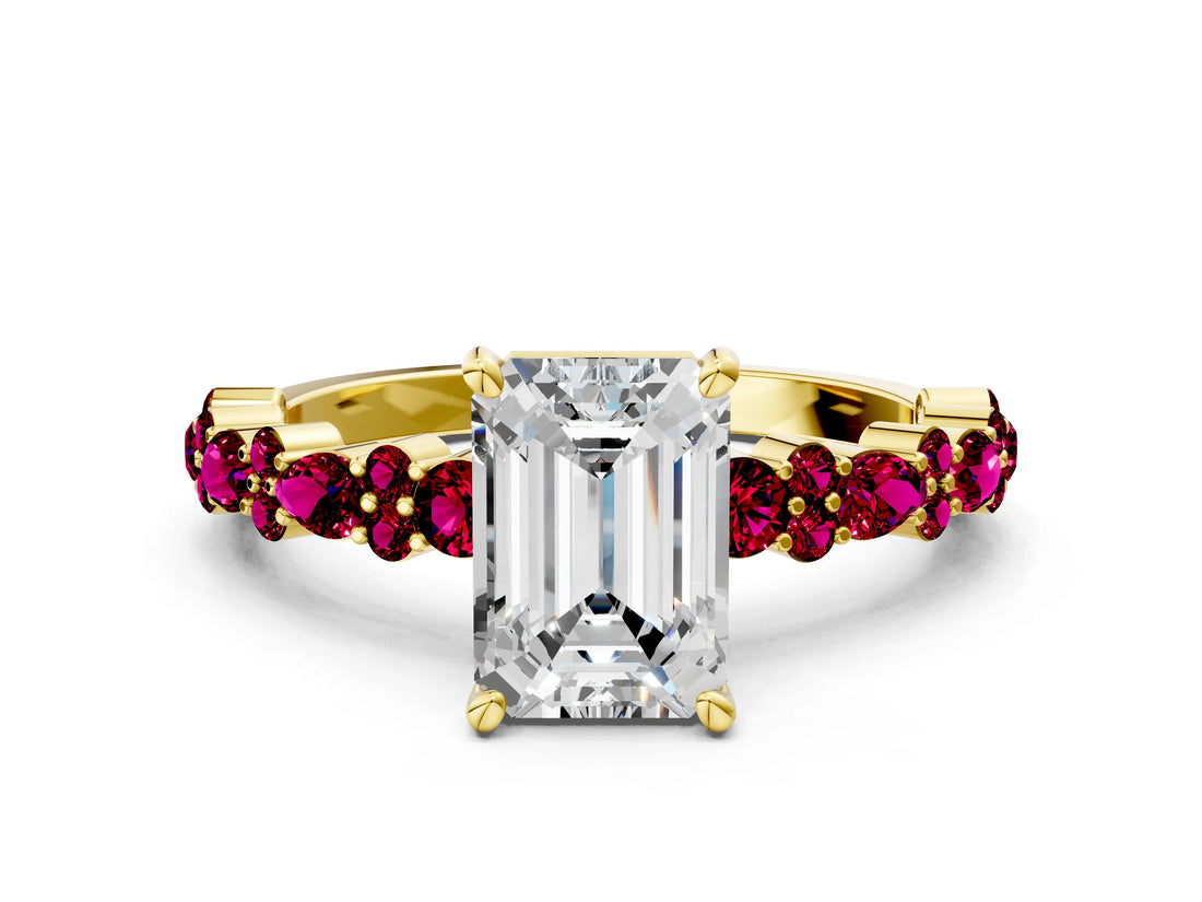 Yellow gold Emerald Cut Diamond Side Stone Solitaire Ring with Round with Garnet side stone and Four-Prong Setting