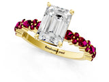 Yellow gold Emerald Cut Diamond Side Stone Solitaire Ring with Round with Garnet side stone and Four-Prong Setting_1