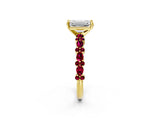 Yellow gold Emerald Cut Diamond Side Stone Solitaire Ring with Round with Garnet side stone and Four-Prong Setting_2