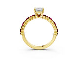 Yellow gold Emerald Cut Diamond Side Stone Solitaire Ring with Round with Garnet side stone and Four-Prong Setting_3