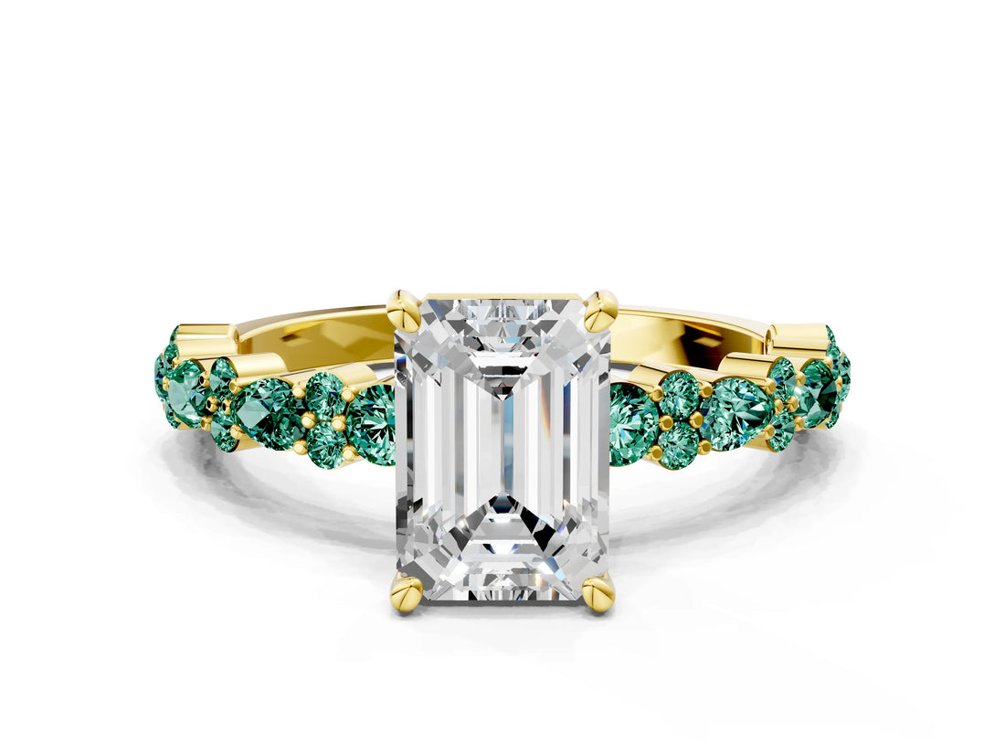 Yellow gold Emerald Cut Diamond Side Stone Solitaire Ring with Round with Green Sapphire side stone and Four-Prong Setting