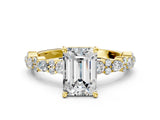 Yellow gold Emerald Cut Diamond Side Stone Solitaire Ring with Round with Moissanite side stone and Four-Prong Setting