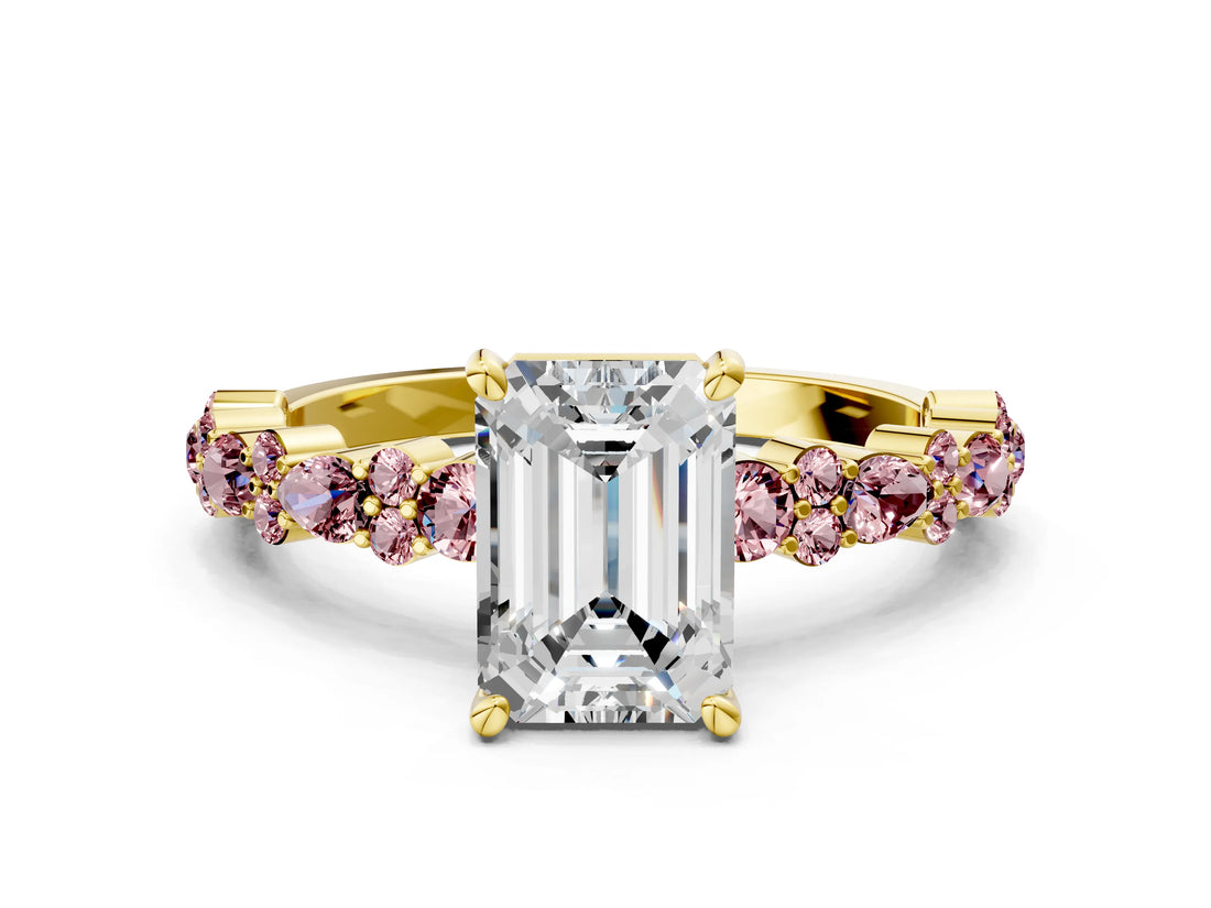 Yellow gold Emerald Cut Diamond Side Stone Solitaire Ring with Round with Morganite side stone and Four-Prong Setting