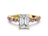 Yellow gold Emerald Cut Diamond Side Stone Solitaire Ring with Round with Morganite side stone and Four-Prong Setting