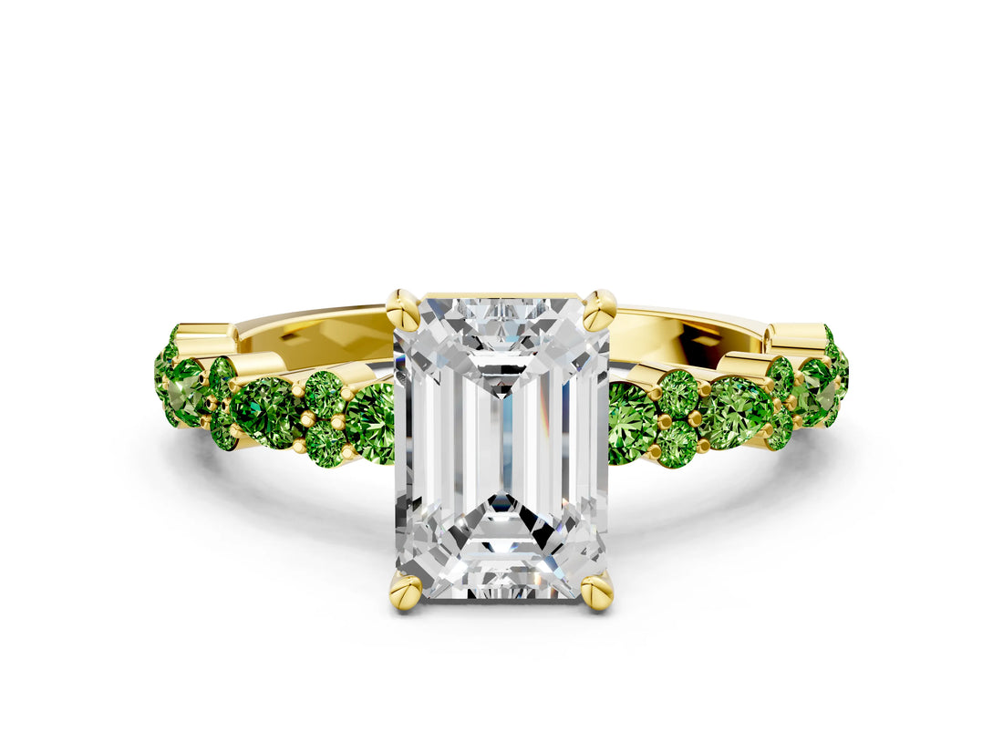 Yellow gold Emerald Cut Diamond Side Stone Solitaire Ring with Round with Peridot side stone and Four-Prong Setting