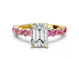 Yellow gold Emerald Cut Diamond Side Stone Solitaire Ring with Round with Pink Sapphire side stone and Four-Prong Setting