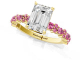 Yellow gold Emerald Cut Diamond Side Stone Solitaire Ring with Round with Pink Sapphire side stone and Four-Prong Setting_1