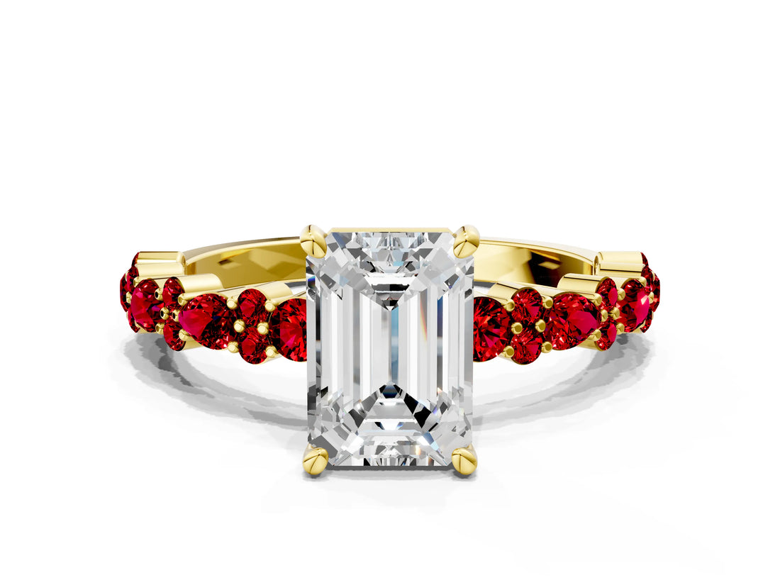 Yellow gold Emerald Cut Diamond Side Stone Solitaire Ring with Round with Ruby side stone and Four-Prong Setting