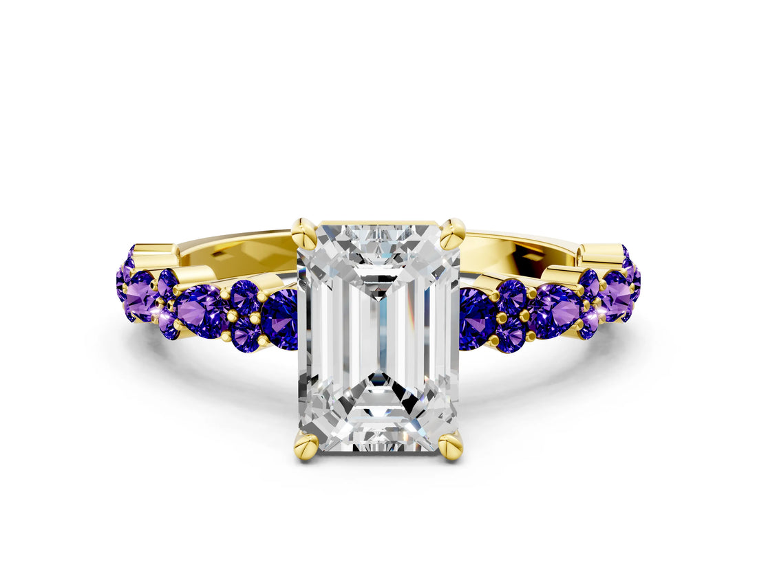 Yellow gold Emerald Cut Diamond Side Stone Solitaire Ring with Round with Tanzanite side stone and Four-Prong Setting