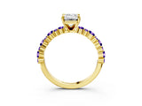 Yellow gold Emerald Cut Diamond Side Stone Solitaire Ring with Round with Tanzanite side stone and Four-Prong Setting_3