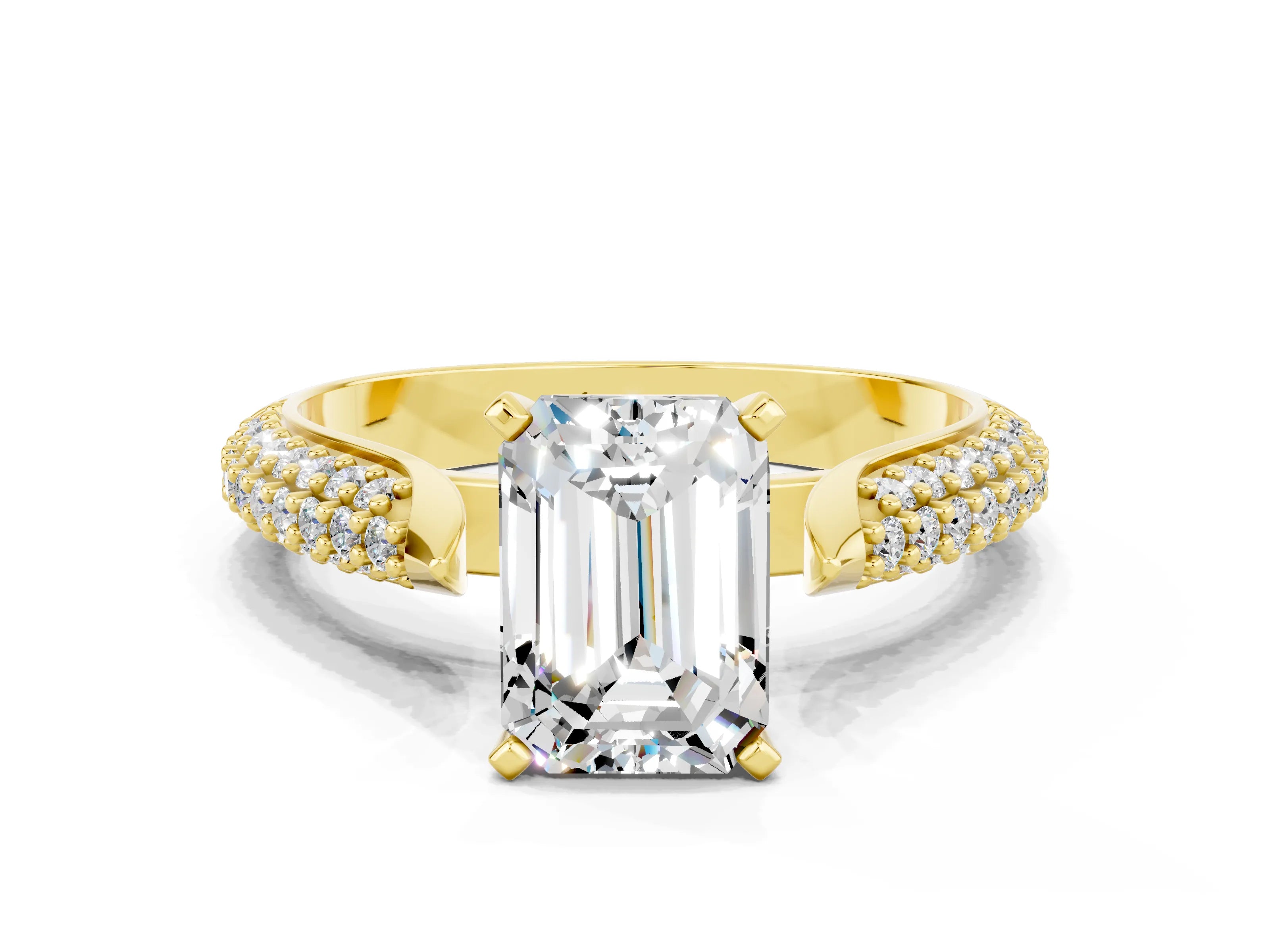 Yellow gold Emerald Cut Diamond Solitaire Engagement Ring with Pavé Band and Four-Prong Setting